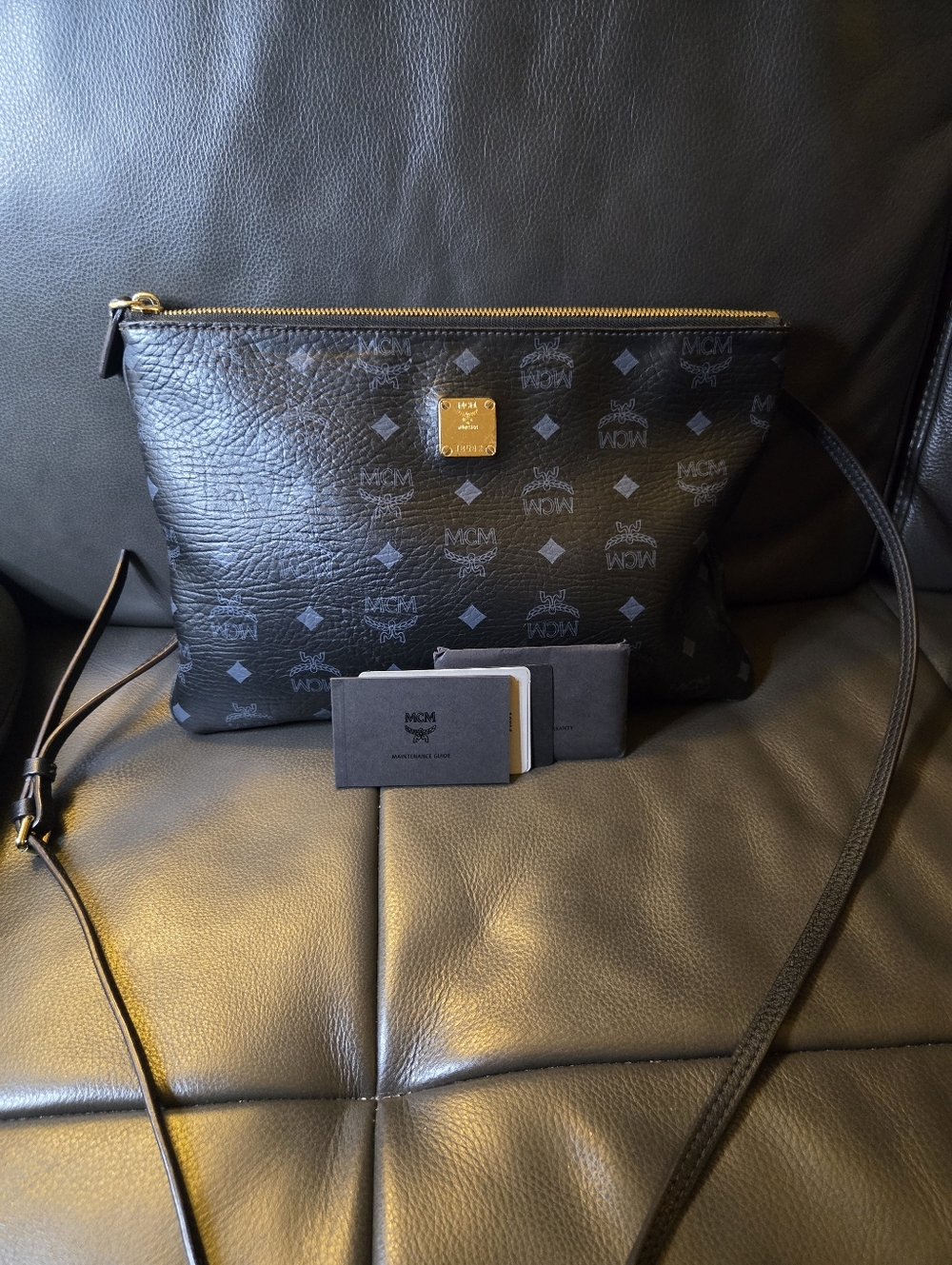 MCM Black Visetos Crossbody Pouch with Gold Plate